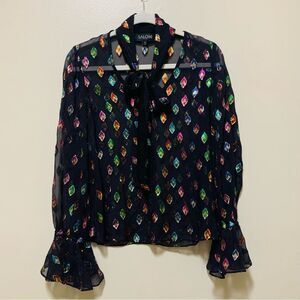SALONI Lauren Black Sheer Metallic Jacquard Blouse Top size 0